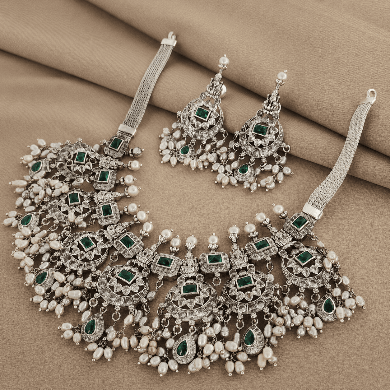 THE REGAL BEAUTY OF EMERALD,  PEARL & SILVER JEWELLERY